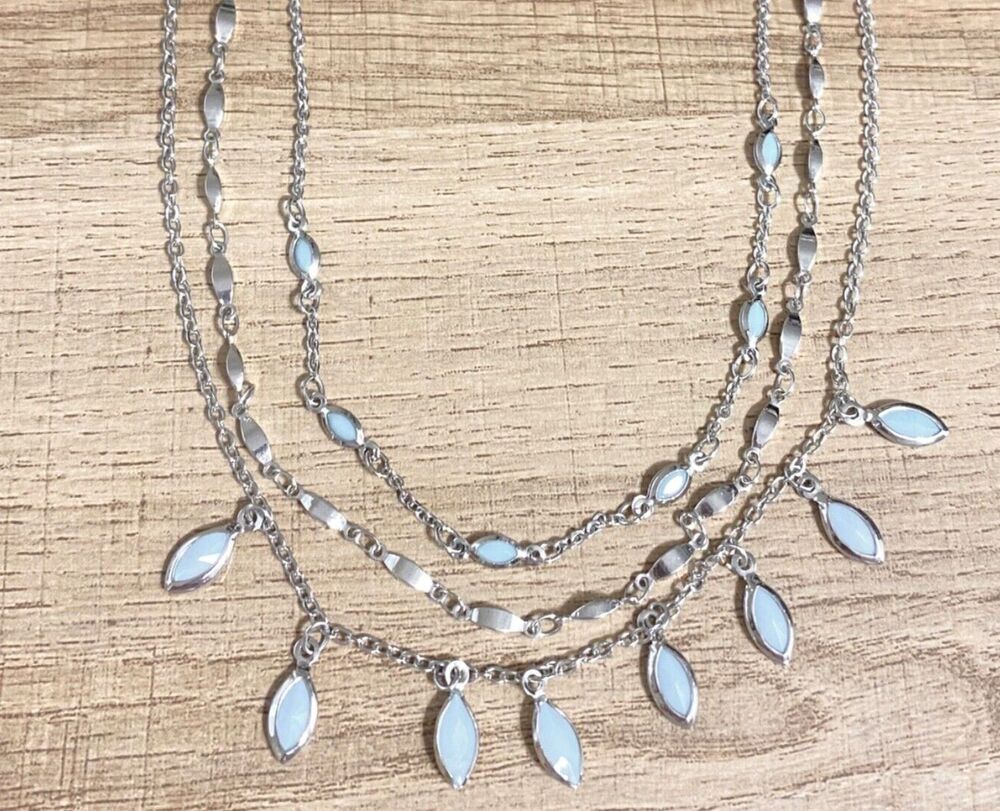 Layered Necklace Silver Tone Baby Blue Rhinestone Charms Dainty Multi Strand